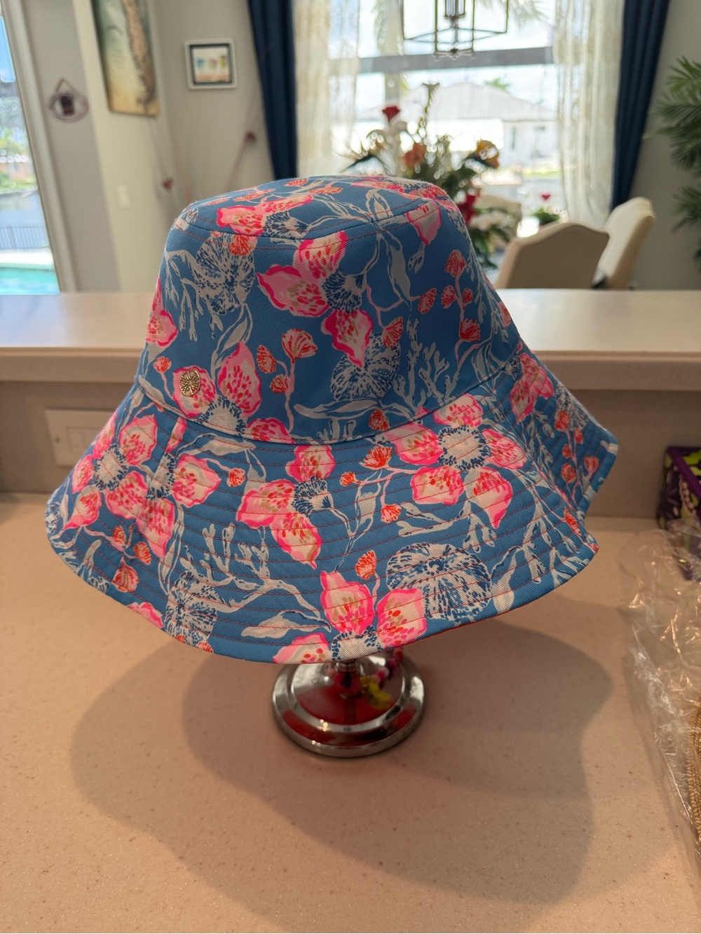 Lilly Pulitzer Blue Floral Bucket Hat with Pink Accents